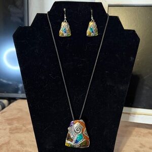Multicolor trapezoid Pendant Necklace and Earring Set